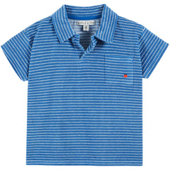 Blue striped terry polo shirt with collar, short sleeves, button placket, and chest pocket with small red embroidery