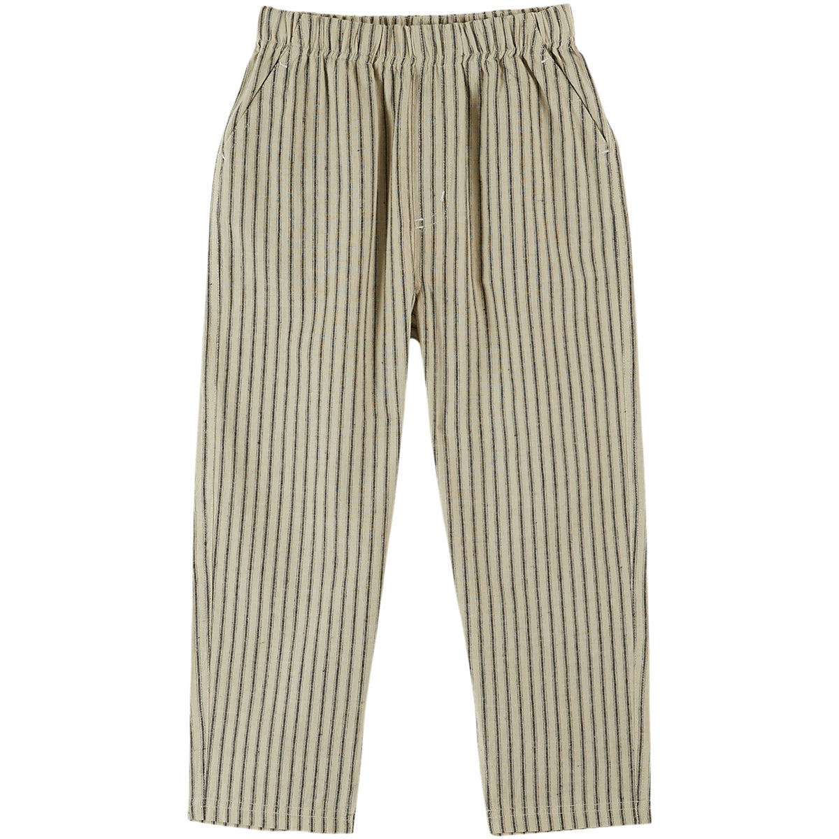 The Striped Pants from Emile et Ida, beige trousers with fine black vertical stripes, elastic waistband, and side pockets.