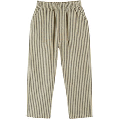 The Striped Pants from Emile et Ida, beige trousers with fine black vertical stripes, elastic waistband, and side pockets.