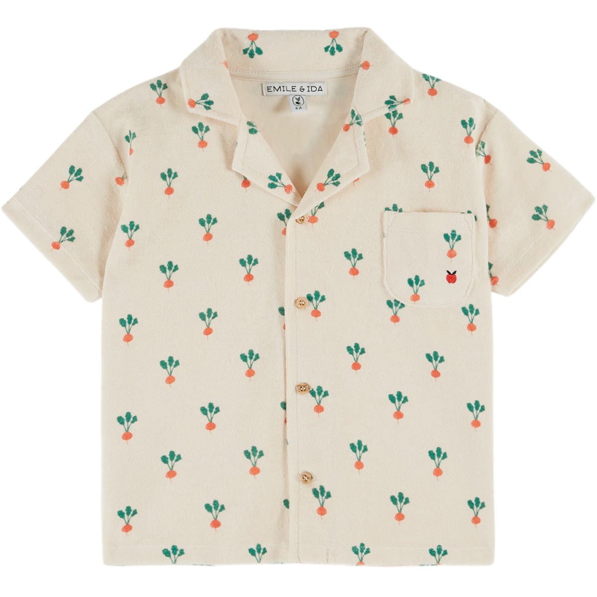 Terry Printed Shirt by Emile et Ida in cream terry fabric with radish print, short sleeves, chest pocket, and buttons.