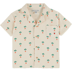 Terry Printed Shirt by Emile et Ida in cream terry fabric with radish print, short sleeves, chest pocket, and buttons.