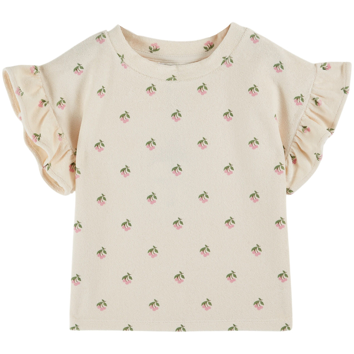 Terry Printed Tee by Emile et Ida in cream terry fabric with cherry print and flutter sleeves.