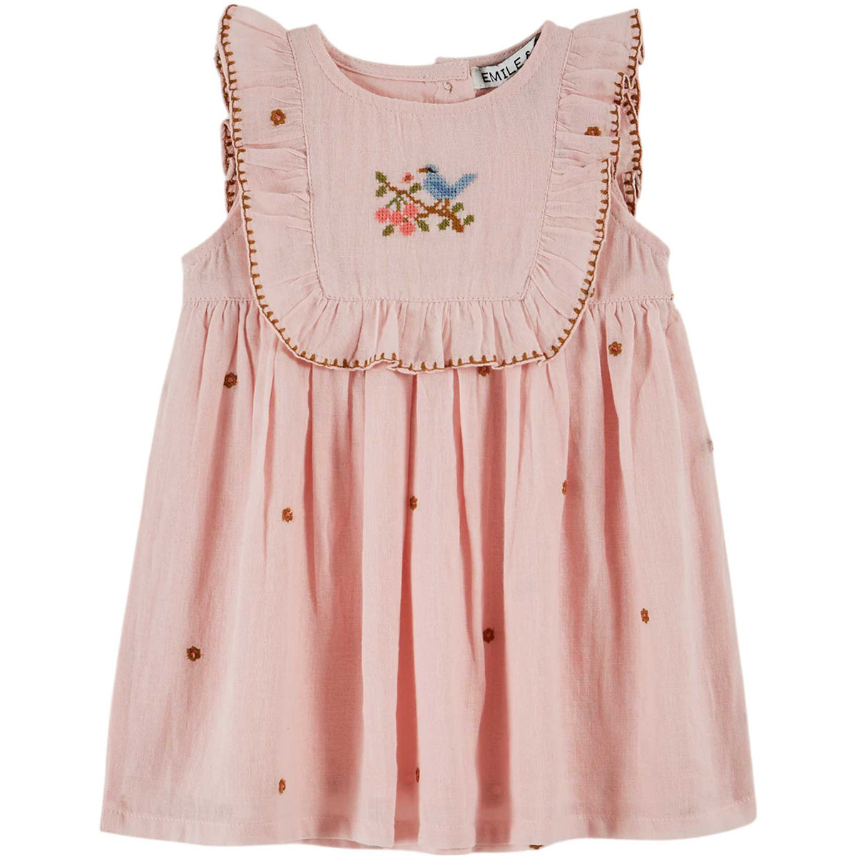 Embroidered Flowers Dress by Emile et Ida in soft pink with ruffle bib, floral embroidery, and bird motif detail.