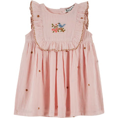 Embroidered Flowers Dress by Emile et Ida in soft pink with ruffle bib, floral embroidery, and bird motif detail.