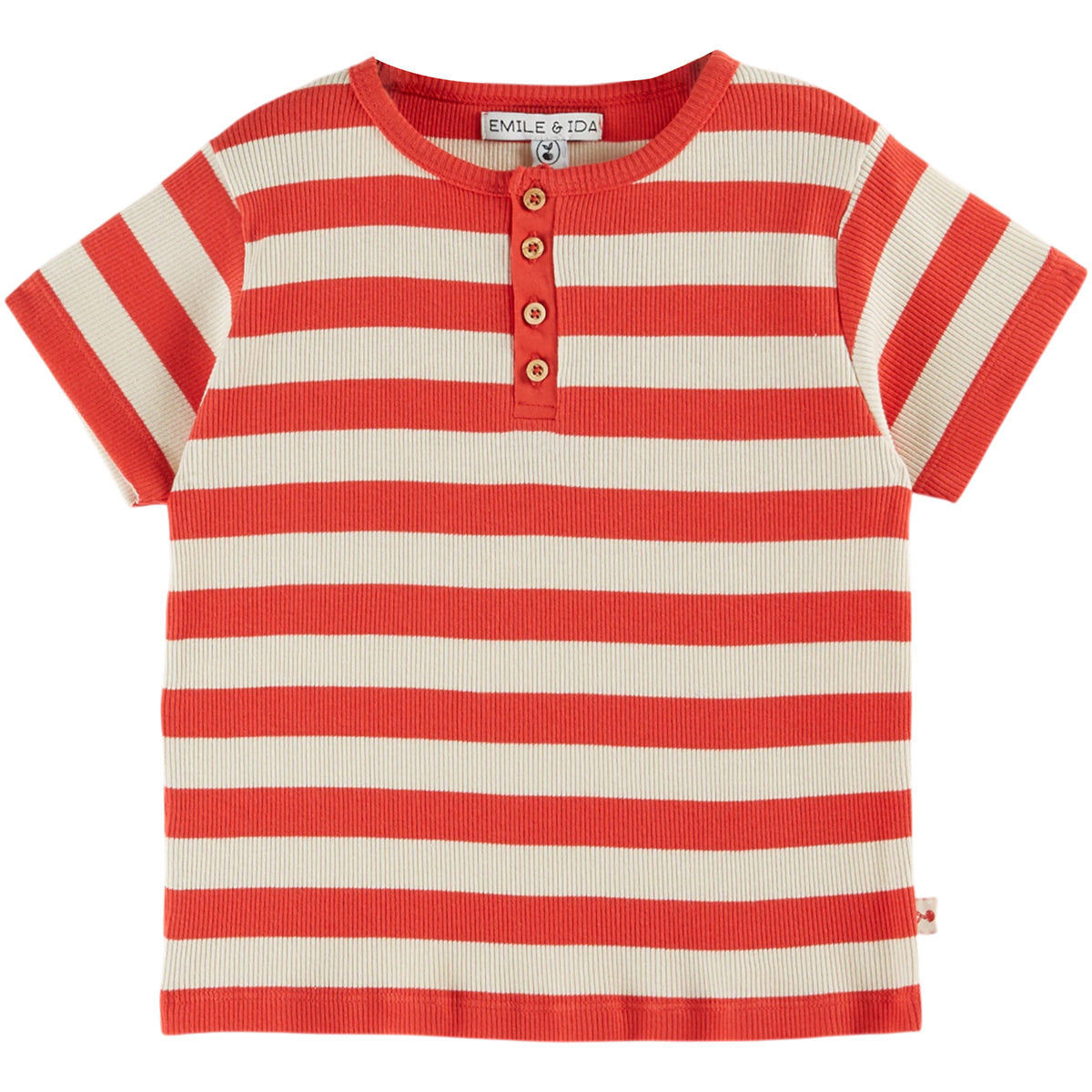 Striped Rib Tee by Emile et Ida in red and cream ribbed knit with short sleeves and front button placket.