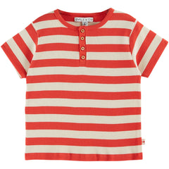 Striped Rib Tee by Emile et Ida in red and cream ribbed knit with short sleeves and front button placket.