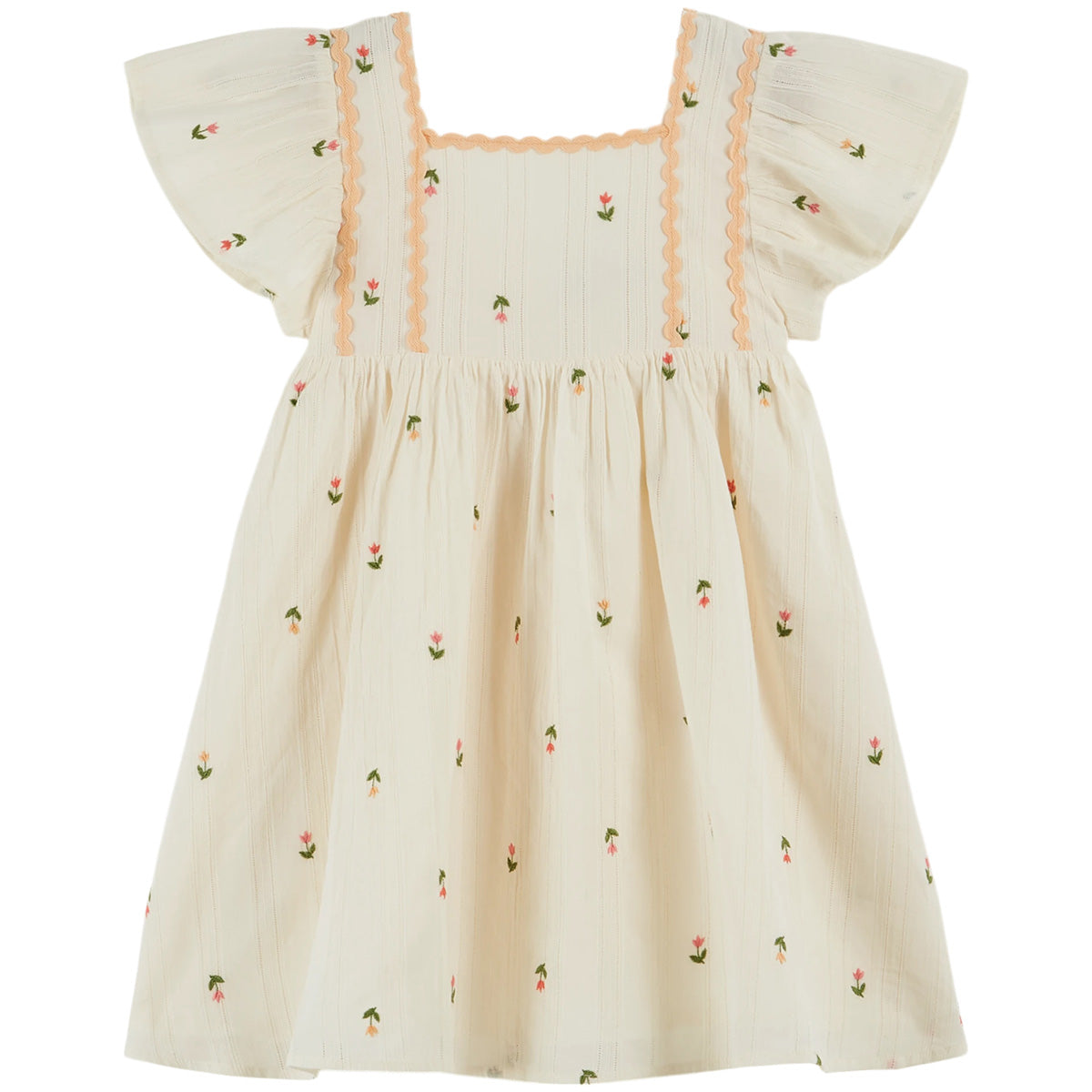 All Over Embroidered Dress by Emile et Ida in cream with floral embroidery, flutter sleeves, and scalloped trim detail.