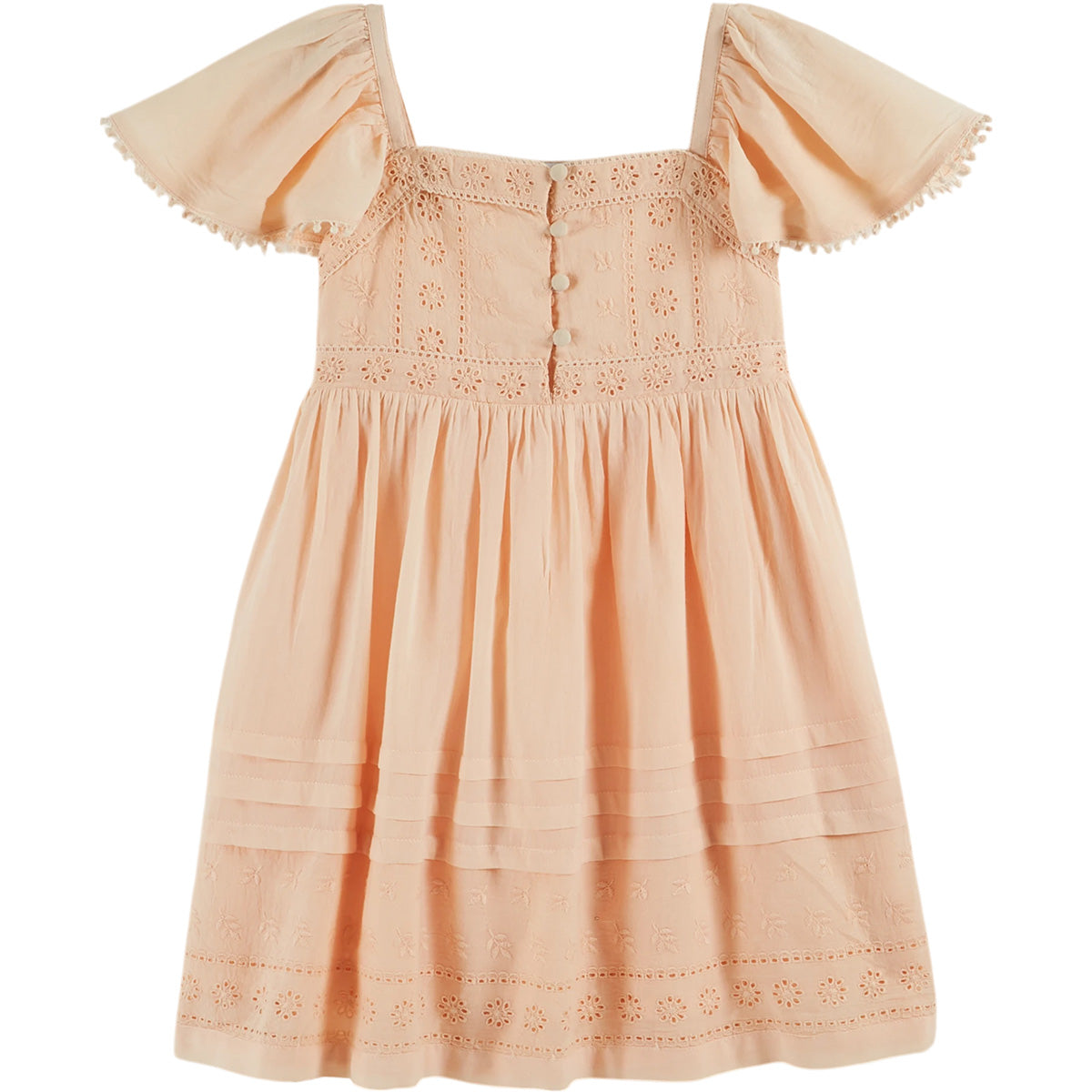 The Broderie Anglaise Dress by Emile et Ida, peach dress with flutter sleeves, button front, and delicate eyelet embroidery.