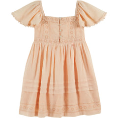 The Broderie Anglaise Dress by Emile et Ida, peach dress with flutter sleeves, button front, and delicate eyelet embroidery.