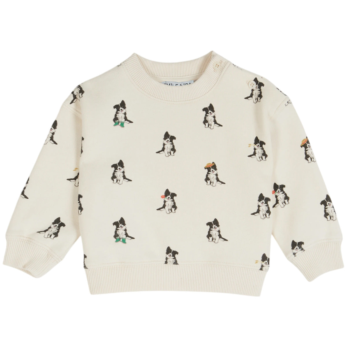 Cream sweatshirt with long sleeves, ribbed cuffs and hem, and allover small dog print