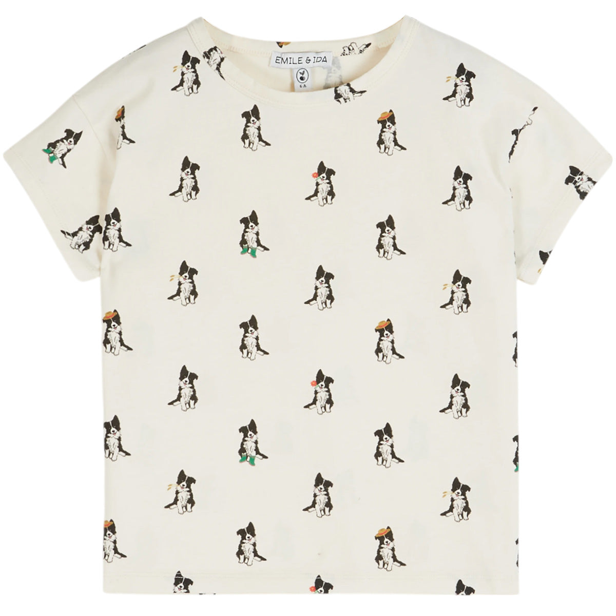 Emile et Ida Printed Tee cream kids t-shirt with playful black and white dog print and short sleeves