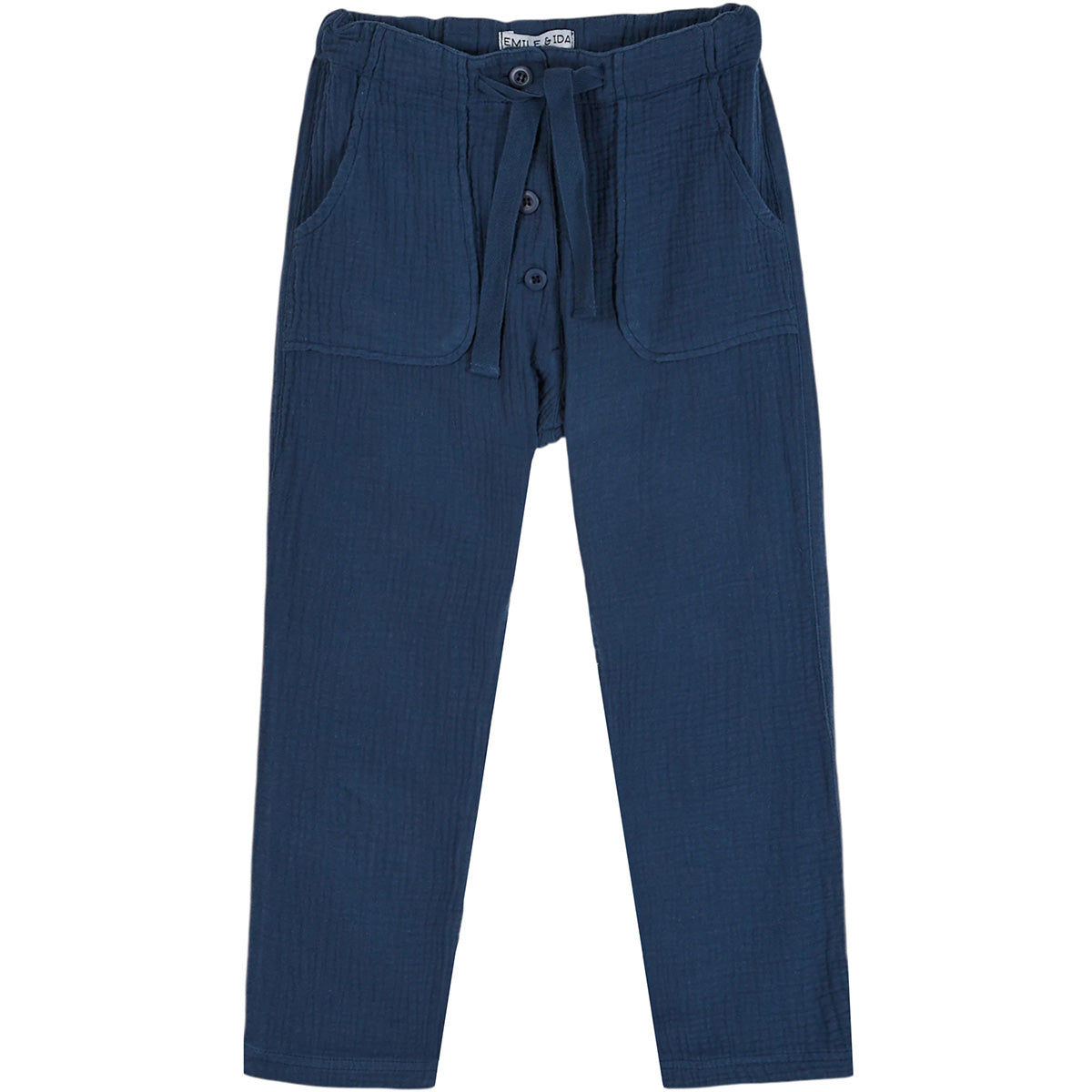 Emile et Ida Cotton Gauze Pants navy kids trousers with elastic waist, drawstring tie and soft textured fabric