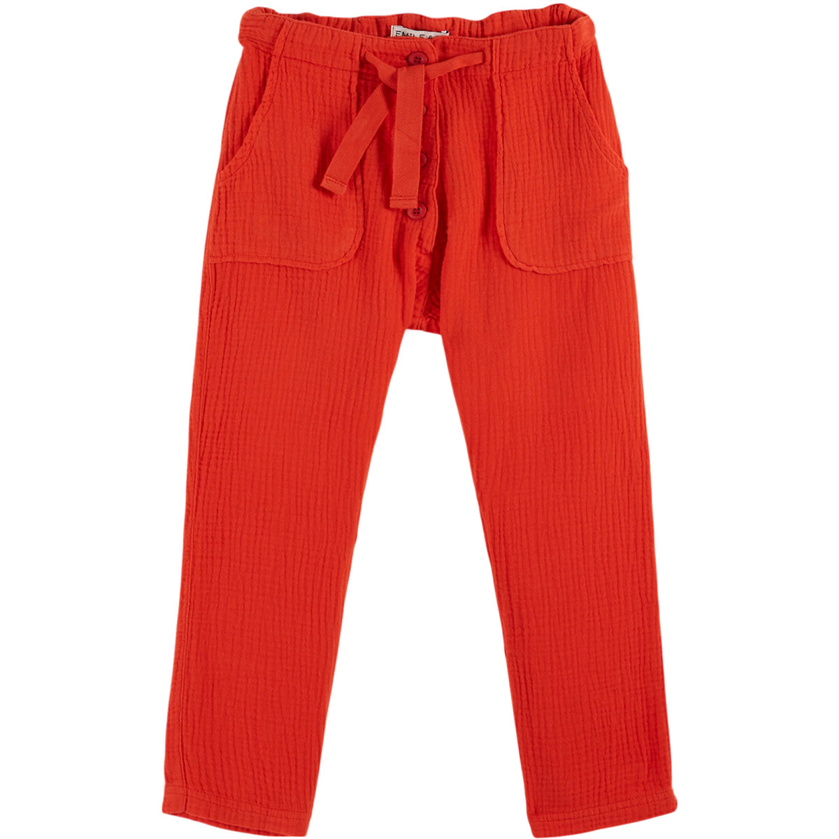 Emile et Ida Cotton Gauze Pants red kids trousers with elastic waist, drawstring tie and soft textured fabric