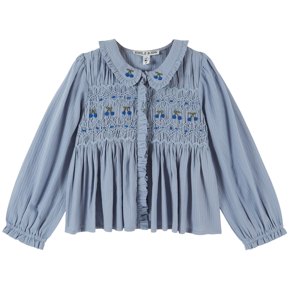 Smocked Blouse by Emile et Ida with hand-smocked bodice, ruffled Peter Pan collar and embroidered cherries.