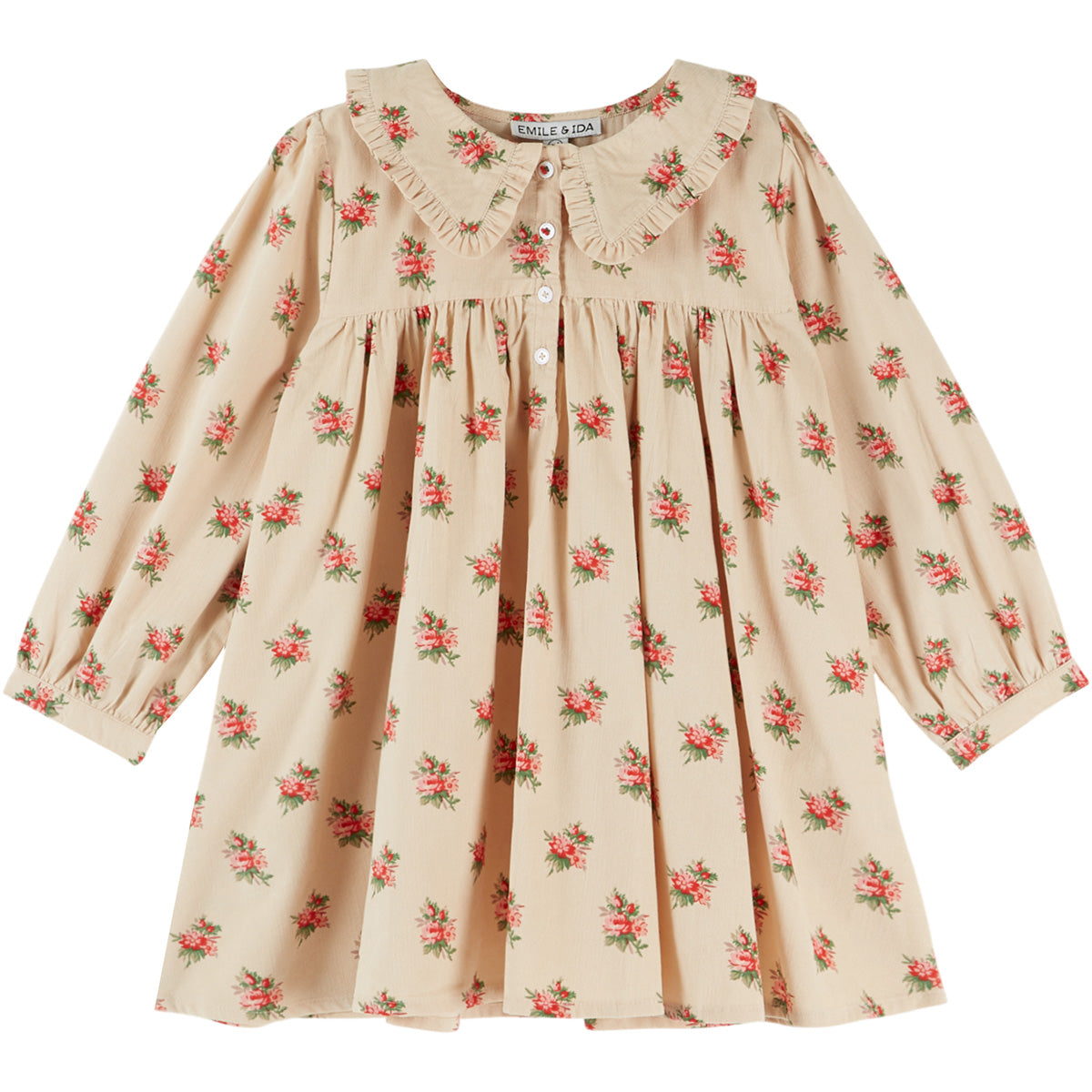 Loose Flounce Collar Dress by Emile et Ida beige floral girls dress with ruffled Peter Pan collar and long sleeves