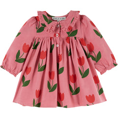 Loose Flounce Collar Dress by Emile et Ida pink baby dress with tulip print, ruffled Peter Pan collar, and long sleeves