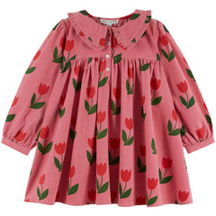 Loose Flounce Collar Dress by Emile et Ida pink baby dress with tulip print, ruffled Peter Pan collar, and long sleeves