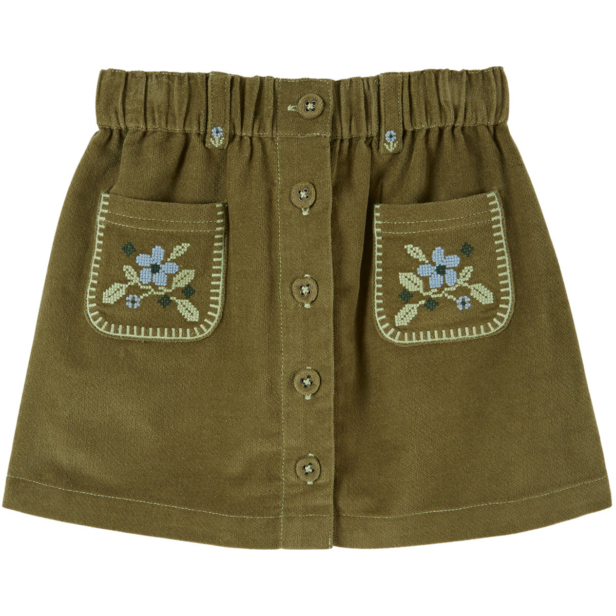 Embroidered Flowers Pocket Skirt by Emile et Ida olive corduroy girls skirt with floral embroidered pockets