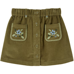 Embroidered Flowers Pocket Skirt by Emile et Ida olive corduroy girls skirt with floral embroidered pockets