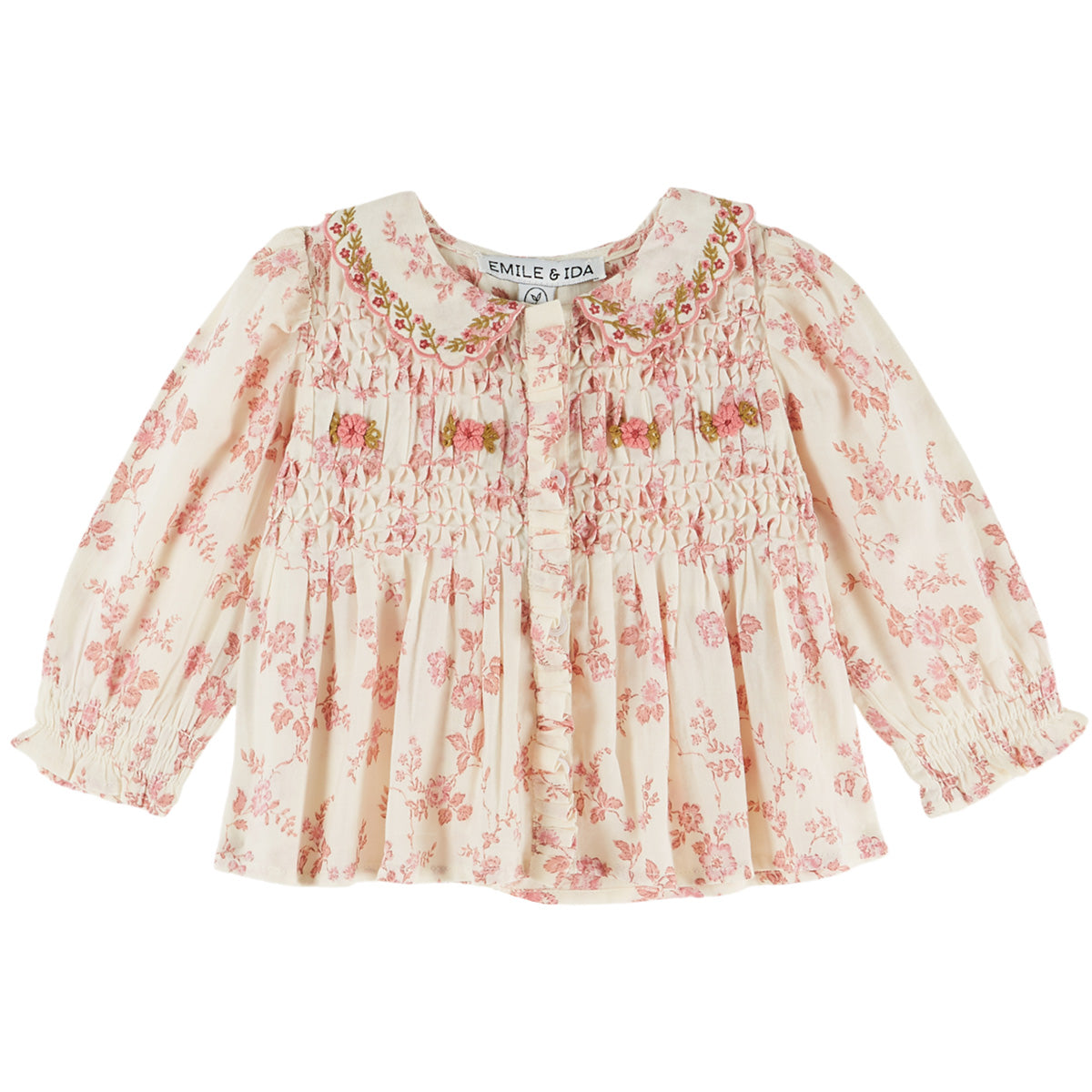 Embroidered Smocked Blouse by Emile et Ida cream floral baby blouse with smocked bodice and embroidered collar