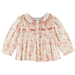 Embroidered Smocked Blouse by Emile et Ida cream floral baby blouse with smocked bodice and embroidered collar