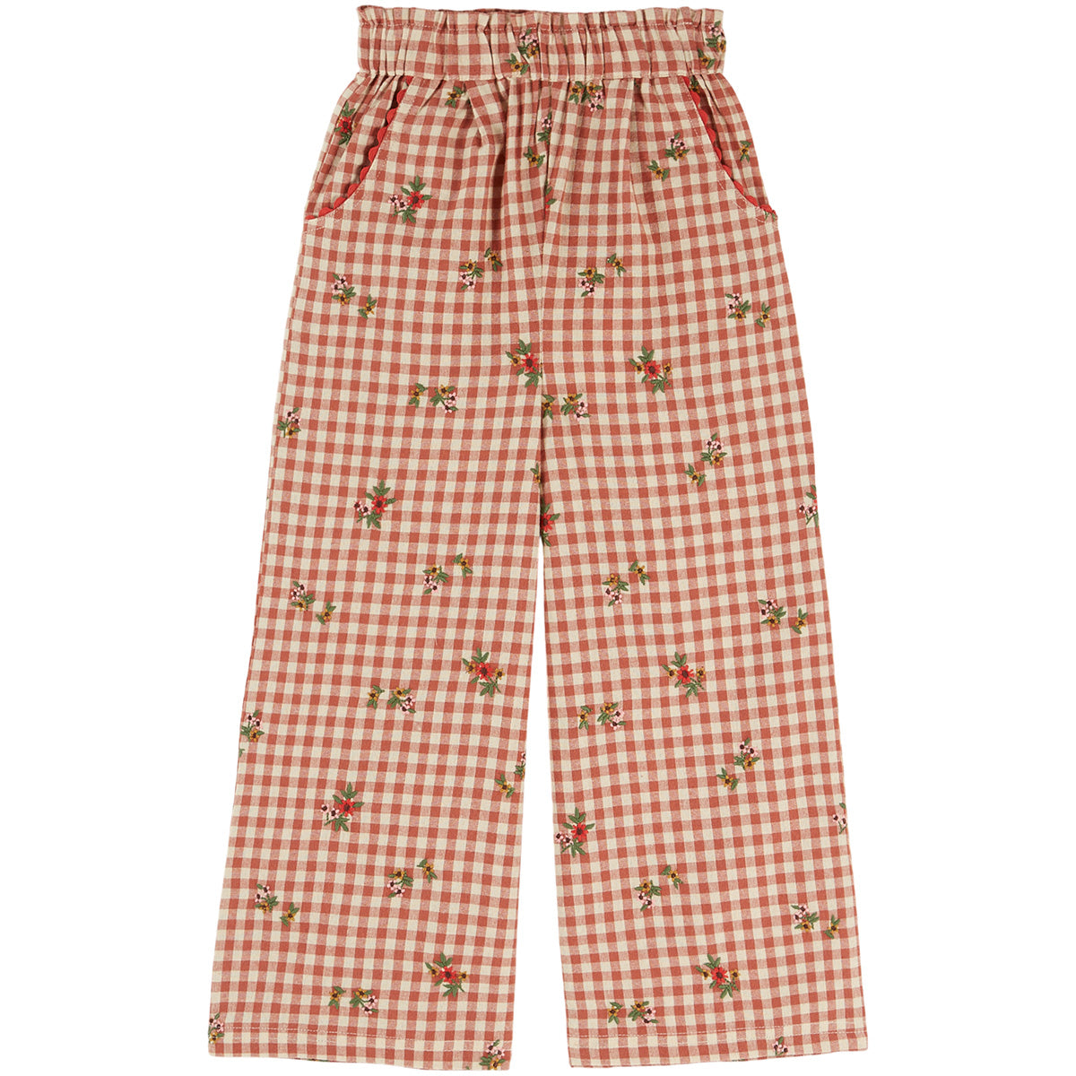 Elasticated Waist Pants by Emile et Ida red gingham wide leg kids pants with floral print and elastic waistband