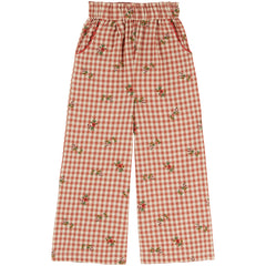 Elasticated Waist Pants by Emile et Ida red gingham wide leg kids pants with floral print and elastic waistband