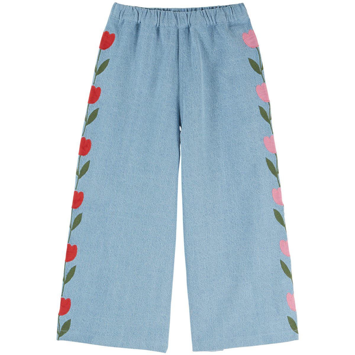 Denim Tulip Embroidered Pants by Emile et Ida light blue wide leg denim pants with tulip embroidery