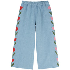 Denim Tulip Embroidered Pants by Emile et Ida light blue wide leg denim pants with tulip embroidery