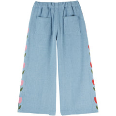 Denim Tulip Embroidered Pants