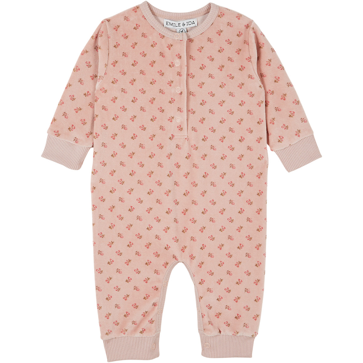 Duffle Printed Jumpsuit by Emile et Ida pink baby romper with floral print, long sleeves, and snap-button neckline