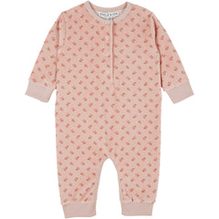 Duffle Printed Jumpsuit by Emile et Ida pink baby romper with floral print, long sleeves, and snap-button neckline