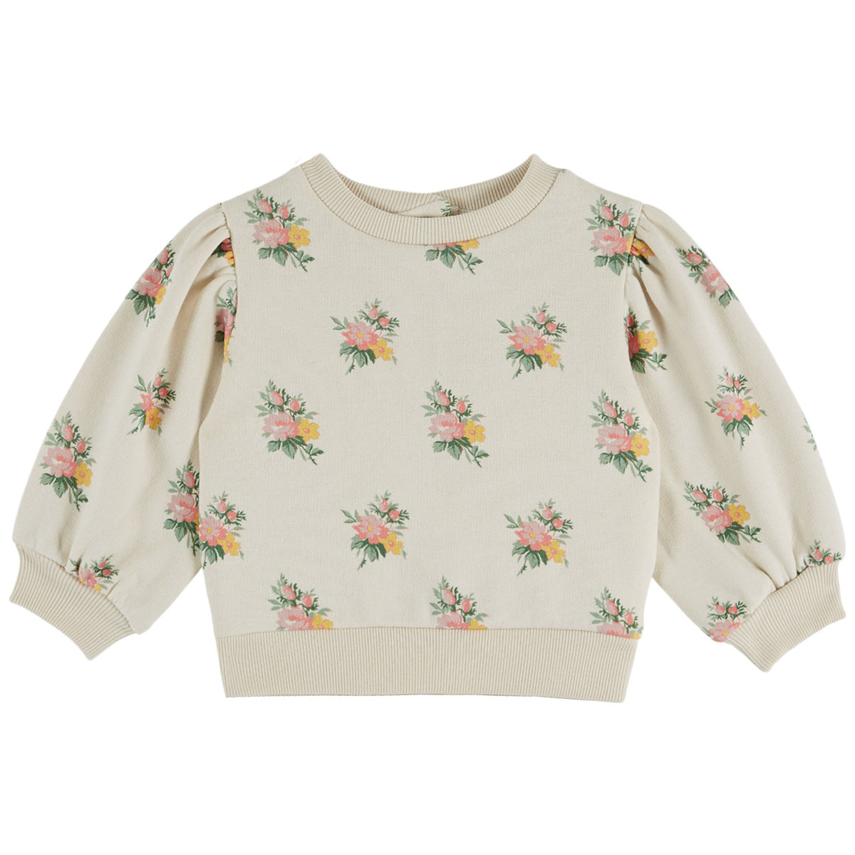 Flower All Over Printed Sweats by Emile et Ida cream girls sweatshirt with floral print and puff sleeves