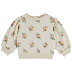 Flower All Over Printed Sweats by Emile et Ida cream girls sweatshirt with floral print and puff sleeves