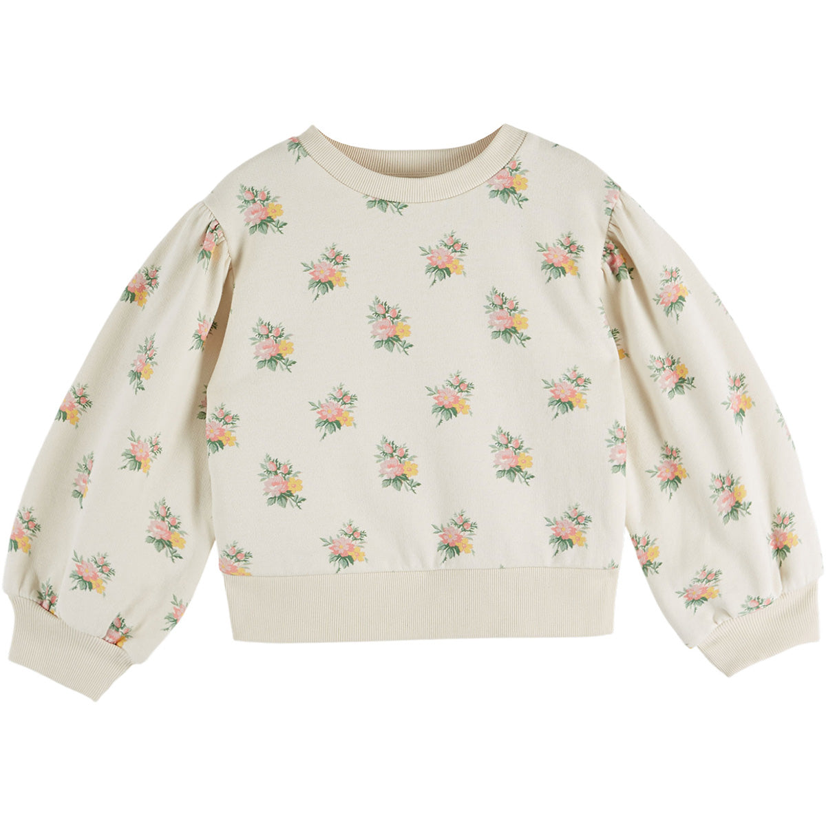 Flower All Over Printed Sweats by Emile et Ida cream girls sweatshirt with floral print and puff sleeves