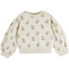 Flower All Over Printed Sweats by Emile et Ida cream girls sweatshirt with floral print and puff sleeves
