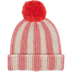 Cuddly Stripe Beanie by Emile et Ida pink and cream striped knit beanie with red pom pom