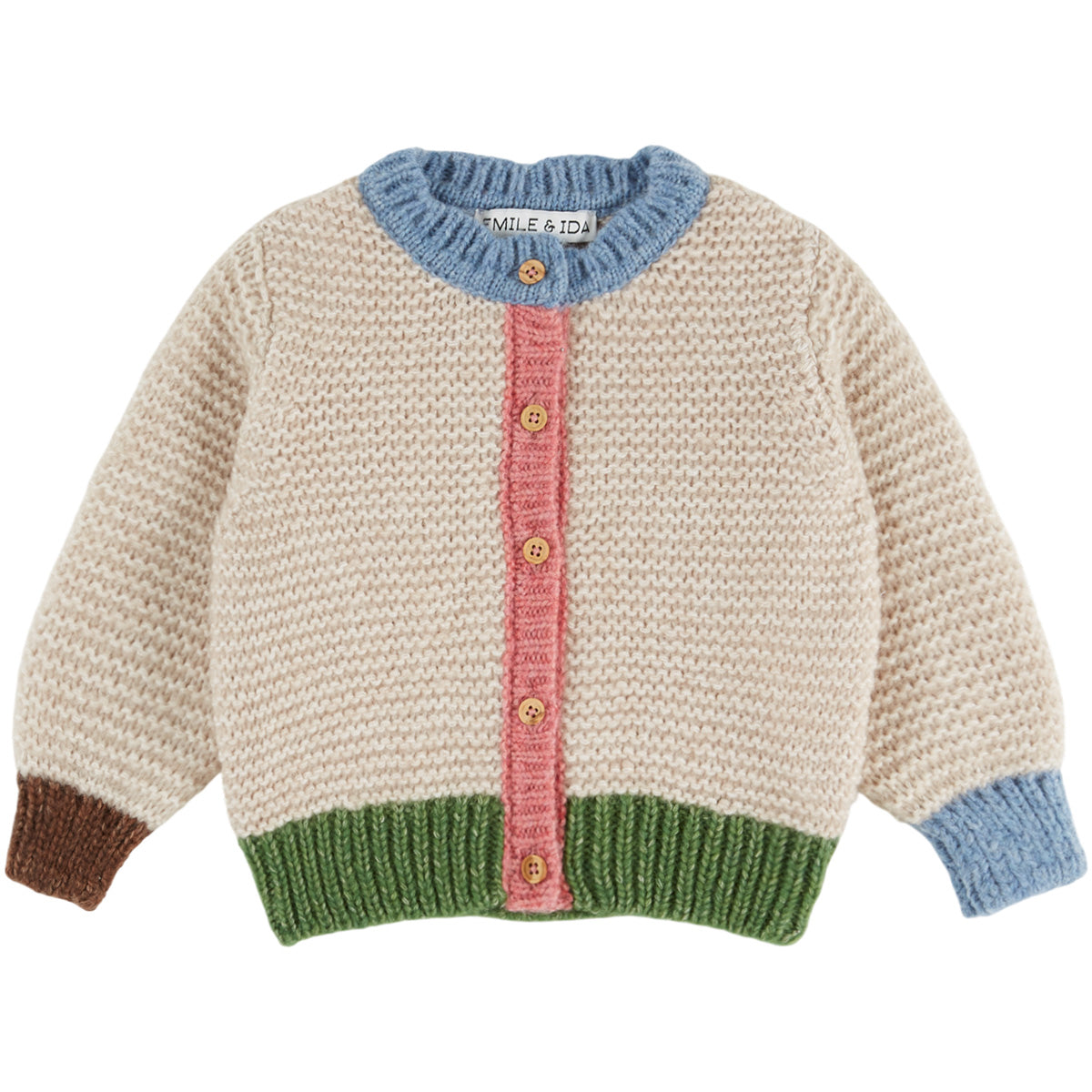 Girl Garter Stitch Cardigan by Emile et Ida cream knit baby cardigan with colorful trim and button-front design