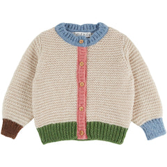 Girl Garter Stitch Cardigan by Emile et Ida cream knit baby cardigan with colorful trim and button-front design