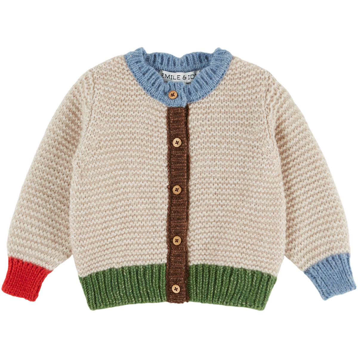 The Boy Garter Stitch Cardigan from Emile et Ida knit cardigan with color-block trim and wooden buttons for boys.
