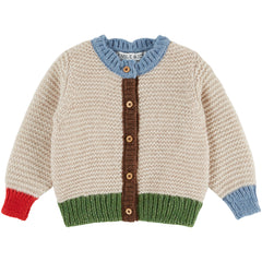 The Boy Garter Stitch Cardigan from Emile et Ida knit cardigan with color-block trim and wooden buttons for boys.