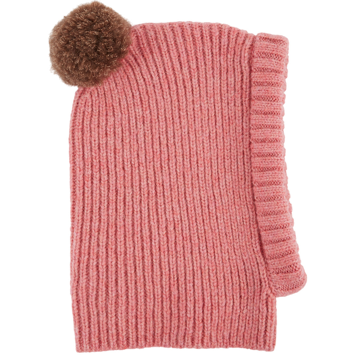 Cuddly Wool Balaclava by Emile et Ida pink ribbed knit balaclava with brown pom pom