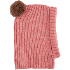 Cuddly Wool Balaclava by Emile et Ida pink ribbed knit balaclava with brown pom pom