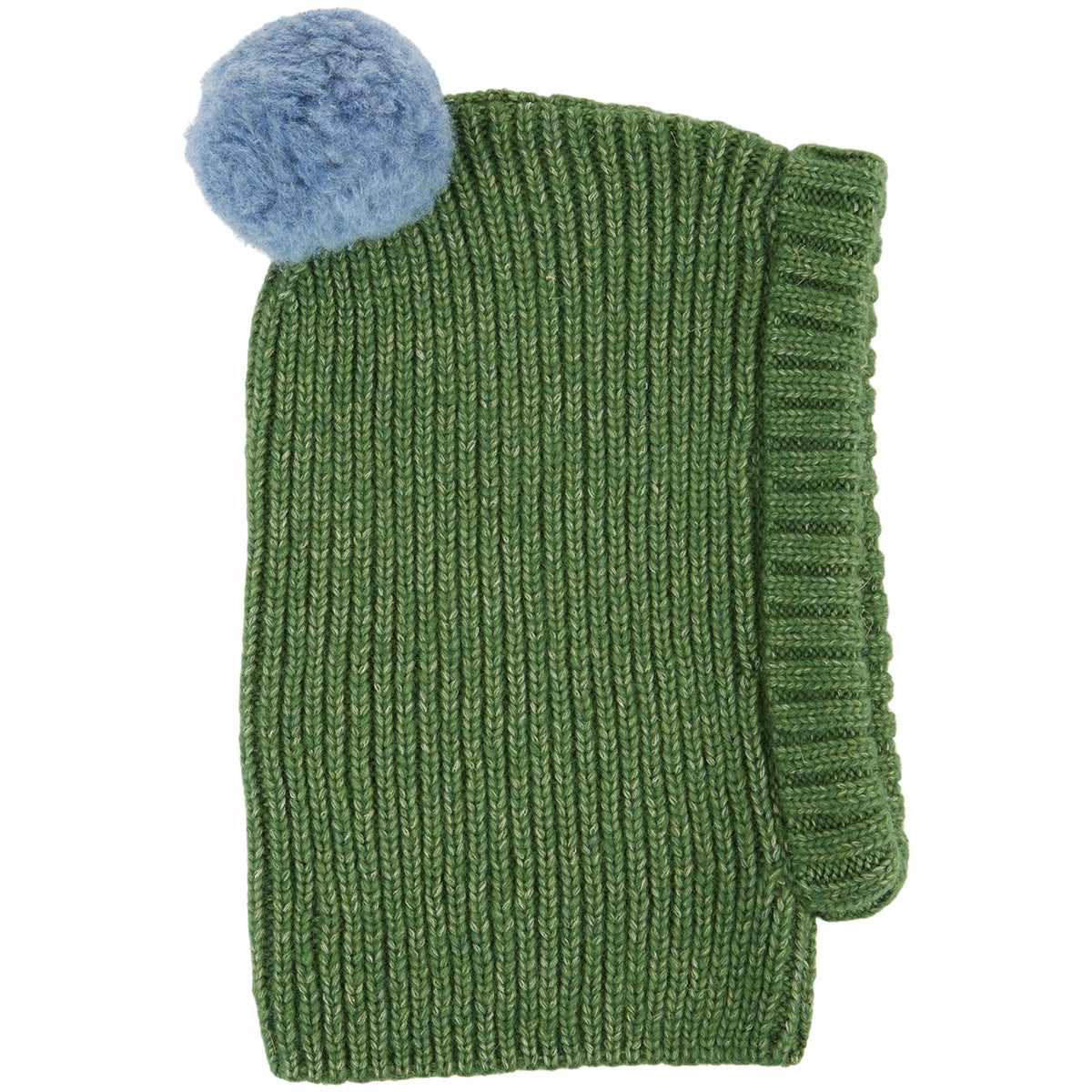 Cuddly Wool Balaclava by Emile et Ida green ribbed knit balaclava with blue pom pom