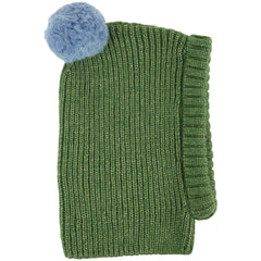 Cuddly Wool Balaclava by Emile et Ida green ribbed knit balaclava with blue pom pom
