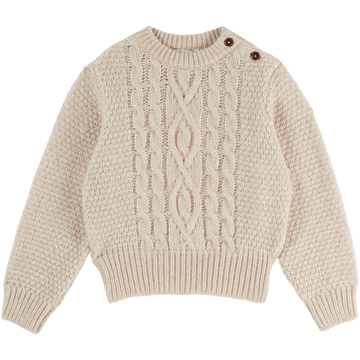 Cuddly Irish Pullover by Emile et Ida cream cable knit kids sweater with shoulder buttons and ribbed trims