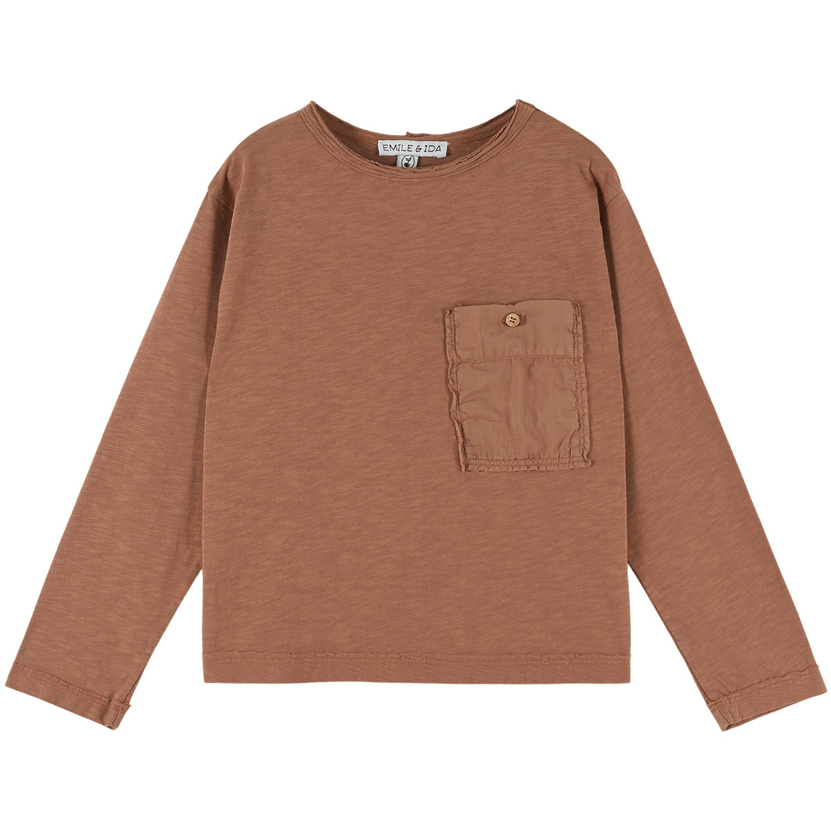 Emile et Ida The Raw Edge Rolled Pocket Tee long sleeve cotton tee with button chest pocket and raw edge details