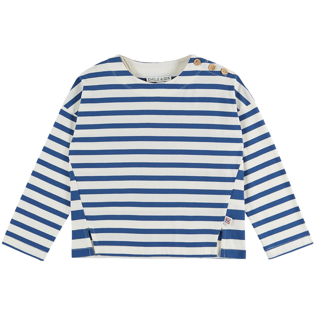 Boy Sailor Striped Tee by Emile et Ida blue and white striped kids long sleeve sailor shirt with shoulder buttons