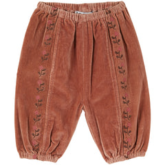 Embroidered Velvet Sirwal by Emile et Ida rust velvet kids pants with floral embroidery and elastic cuffs