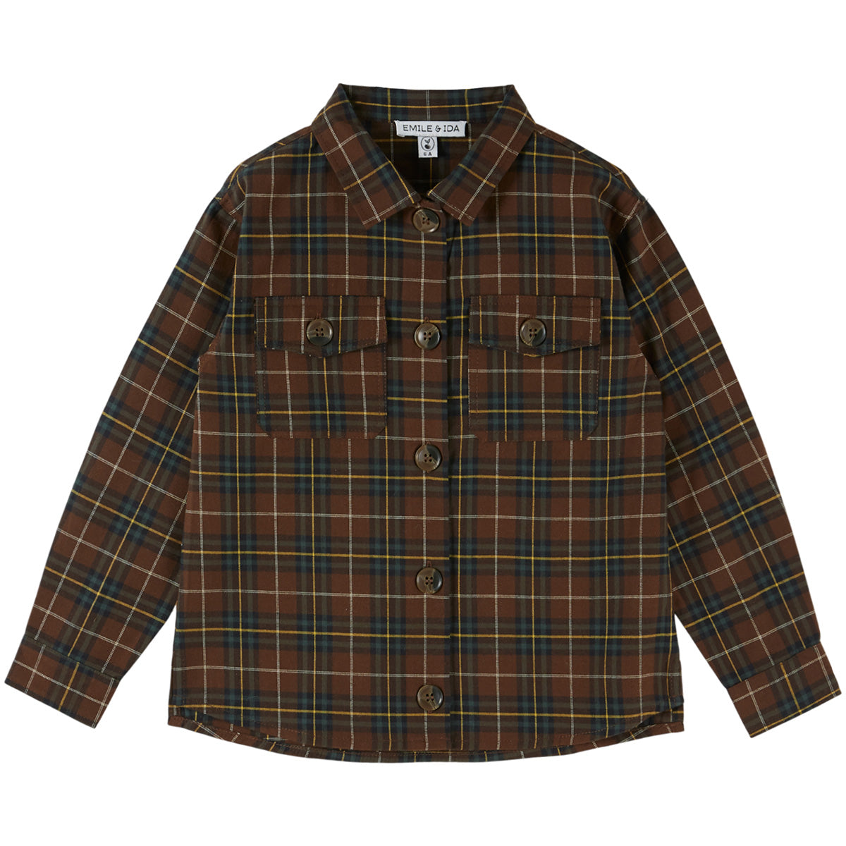 The Flannel Checked Shirt from Emile et Ida in brown plaid with button front and chest pockets for kids.